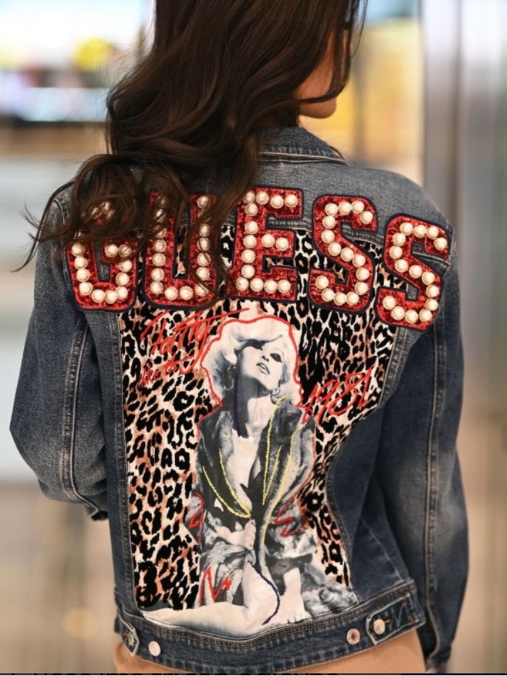 90s Guess Bengal Pearl Stud Embroidered Jean Biker Jacket Large Y2K Vintage